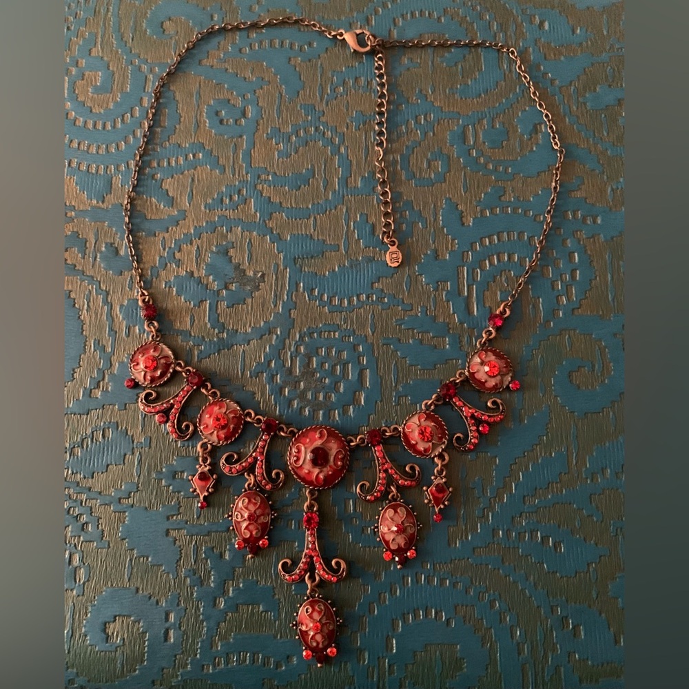 Vintage Red Enamel & Crystal Necklace
